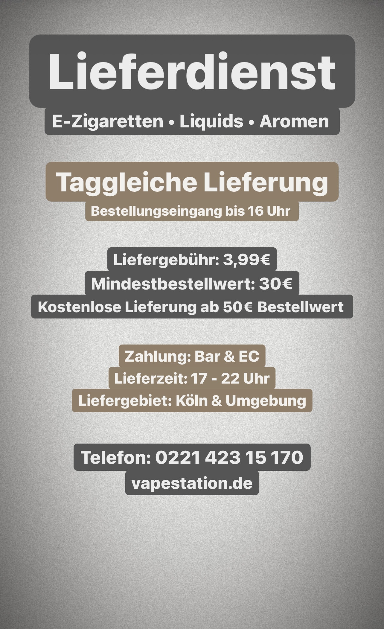 Lieferdienst für E-Zigaretten, Aromen und Liquids in Köln - Taggleiche Lieferung