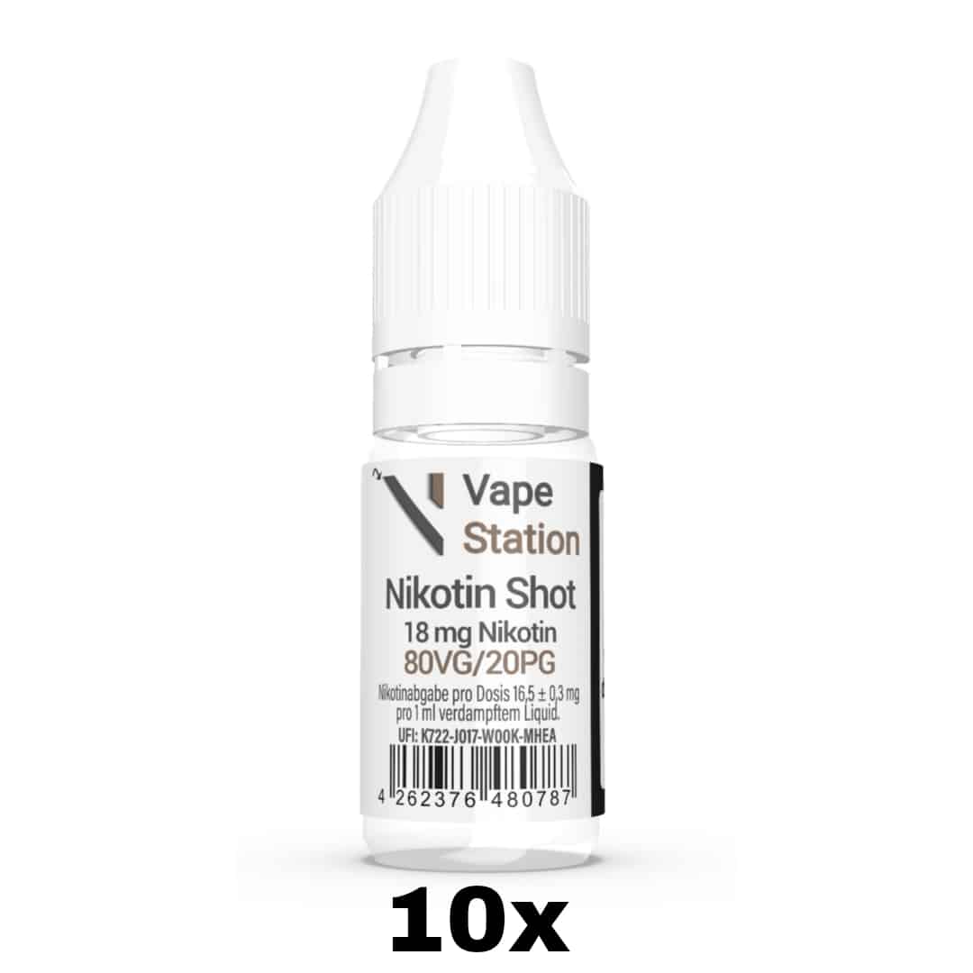 10er-Packung Vape Station Nikotin Shot 80VG/20PG 18mg