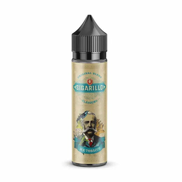 Flasche Sigarillo Ice Tobacco Aroma – E-Liquid im 60ml Design mit schwarzem Tropfverschluss und blauem Vintage-Etikett.