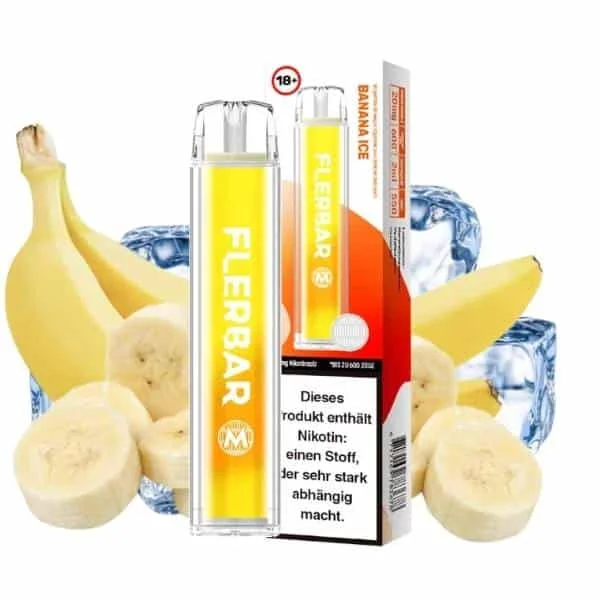 Flerbar Vape Banana Ice Einweg E-Zigarette mit Verpackung, Bananenstücken und Eiswürfeln im Hintergrund