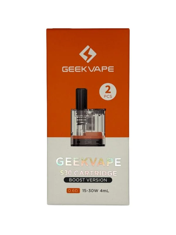 Verpackung der Geekvape S30 Cartridge Boost Version mit 0,6 Ohm Coil im 2er-Pack.