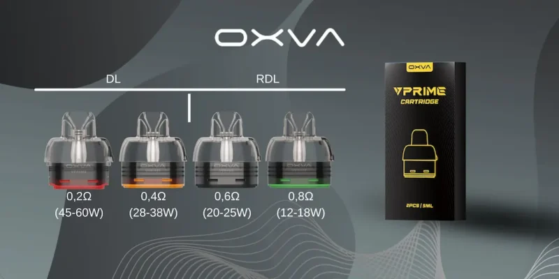 Banner mit OXVA VPrime Pods in verschiedenen Varianten