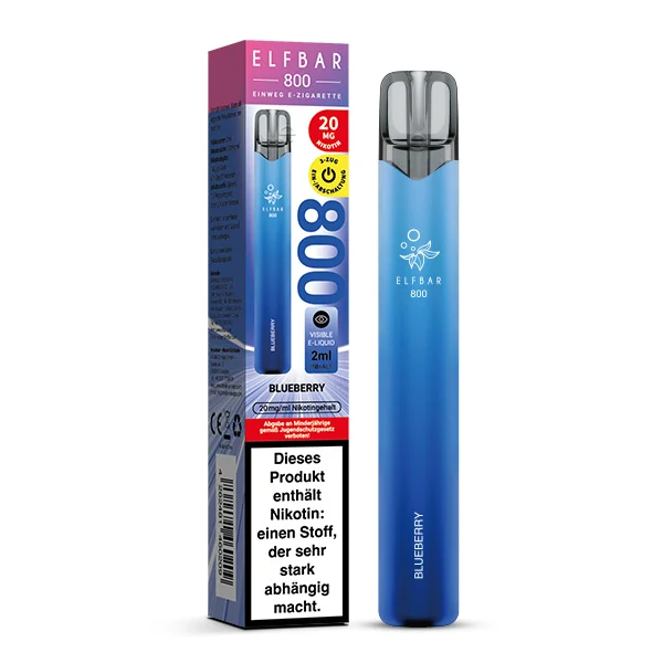 ElfBar 800 Blueberry Vape mit zugehöriger Verpackung.