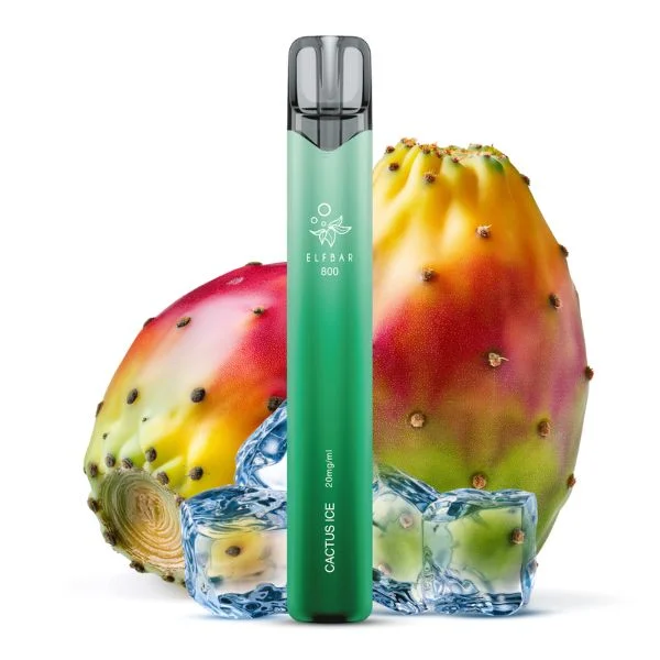 ElfBar 800 Cactus Ice Einweg E-Zigarette vor Kaktusfeigen und Eiswürfeln – stylische grüne Vape mit 20mg Nikotin