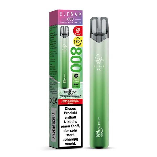 ElfBar 800 Kiwi Passion Fruit Guava Vape mit Verpackung in grünem Design.