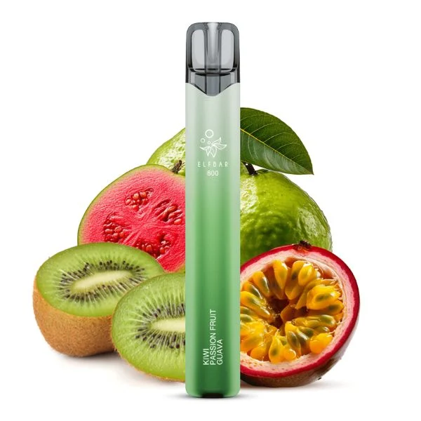 ElfBar 800 Kiwi Passion Fruit Guava Vape vor Kiwi-, Passionsfrucht- und Guavenfrüchten.