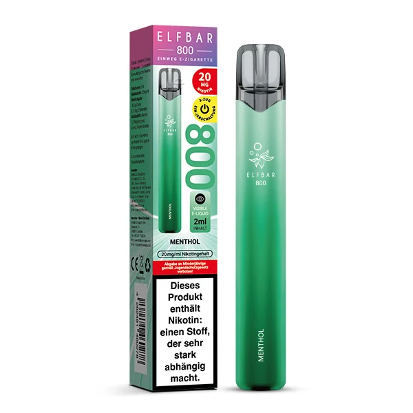 ElfBar 800 Menthol Vape mit Produktverpackung und Warnhinweis.