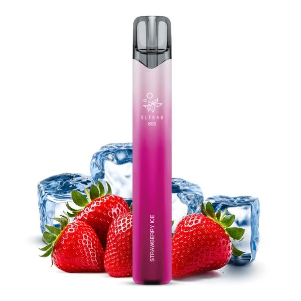 ElfBar 800 Strawberry Ice E-Zigarette vor Erdbeeren und Eiswürfeln