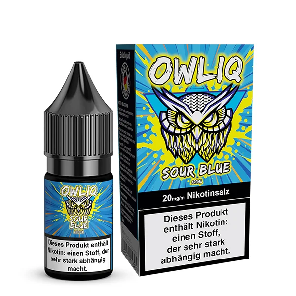 OWLIQ Sour Blue Nikotinsalz Liquid mit Verpackung – 10 ml Flasche und Box mit blau-gelbem Eulenmotiv