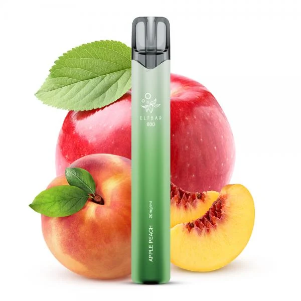 ElfBar 800 Apple Peach Vape vor roten Äpfeln und saftigem Pfirsich.