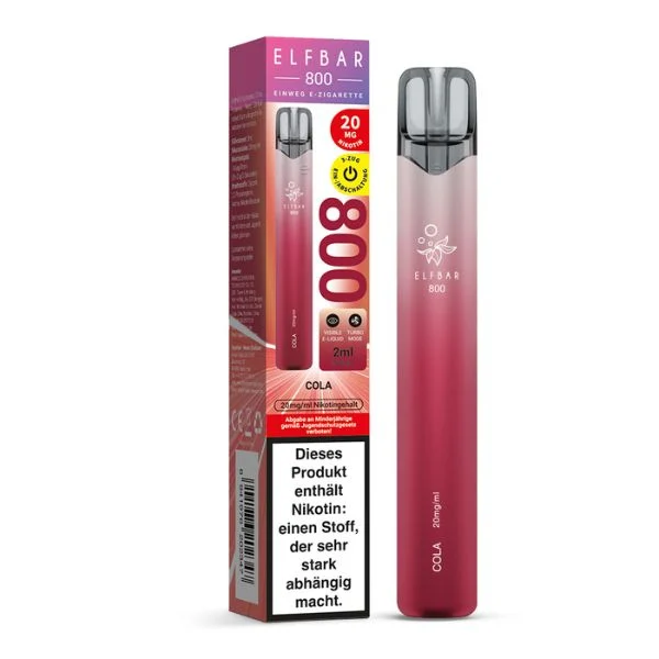 ElfBar 800 Cola Vape neben der Originalverpackung mit 20 mg Nikotin.