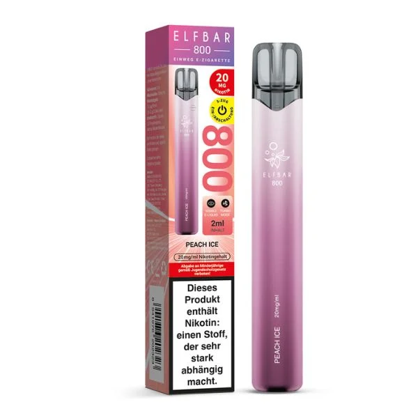 ElfBar 800 Peach Ice Vape neben der Originalverpackung mit 20 mg Nikotin und Geschmacksangabe