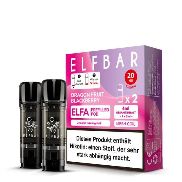 Verpackung der ElfBar ELFA Pods Dragon Fruit Blackberry mit 20 mg Nikotin, 2 Pods à 2 ml