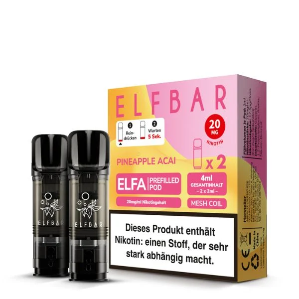 Verpackung der ElfBar ELFA Pods Pineapple Acai mit 20 mg Nikotin, 2 Pods à 2 ml