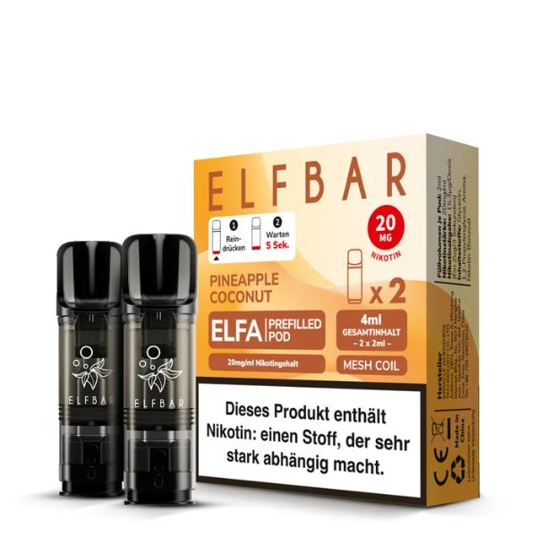 ElfBar ELFA Pods Pineapple Coconut – Verpackung mit zwei vorbefüllten Pods à 2 ml und 20 mg Nikotin