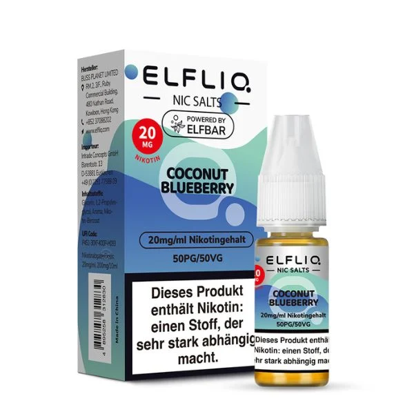 ElfBar ELFLIQ Liquid Coconut Blueberry 20 mg Nikotinsalz – Flasche und Originalverpackung
