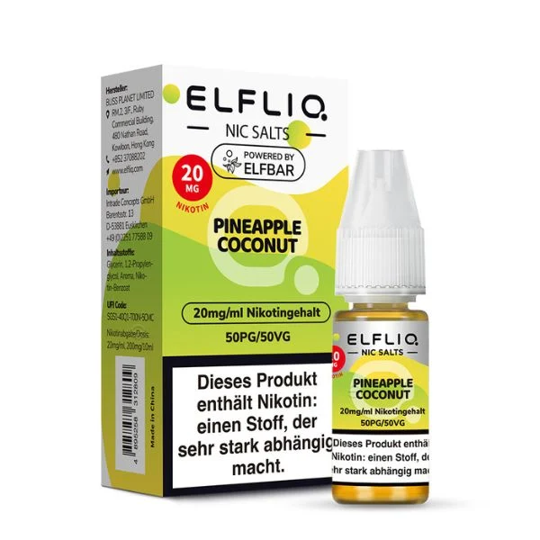ElfBar ELFLIQ Liquid Pineapple Coconut 20 mg Nikotinsalz – Flasche und Originalverpackung