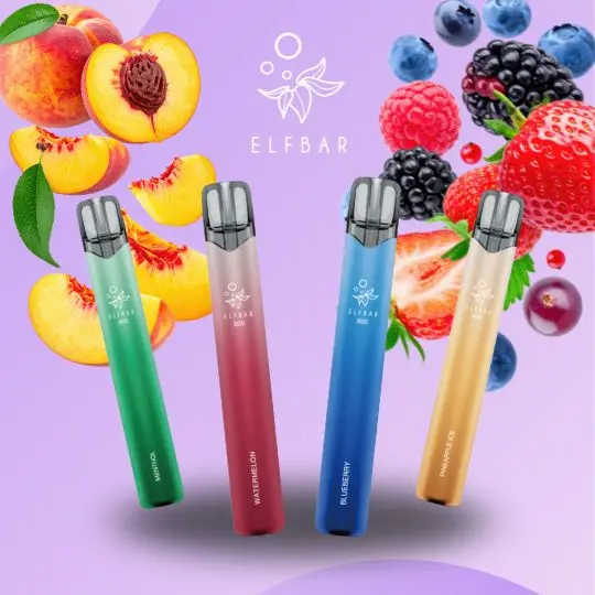 ElfBar 800 Einweg E-Zigaretten in verschiedenen Farben und Geschmacksrichtungen auf einem Werbebanner.