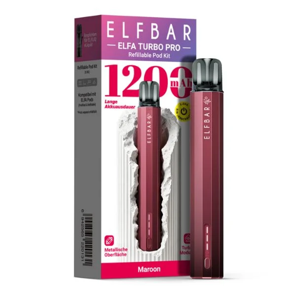 ElfBar ELFA Turbo Pro Pod Kit Maroon mit Produktverpackung