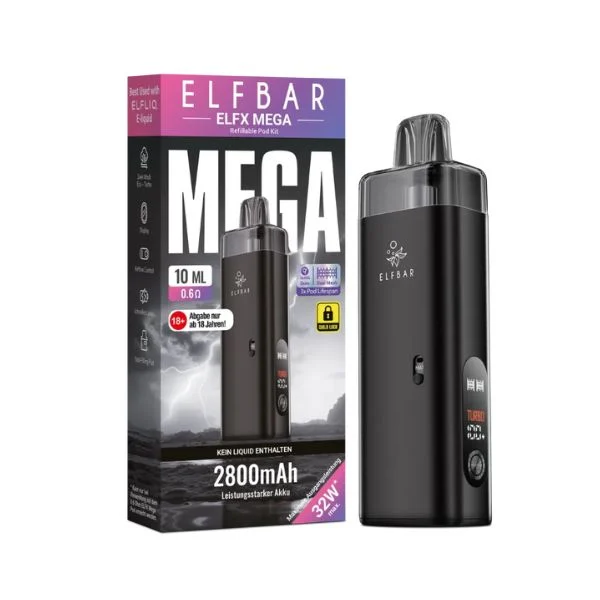 ElfBar ELFX Mega Pod Kit Black mit Produktverpackung und 10 ml Pod