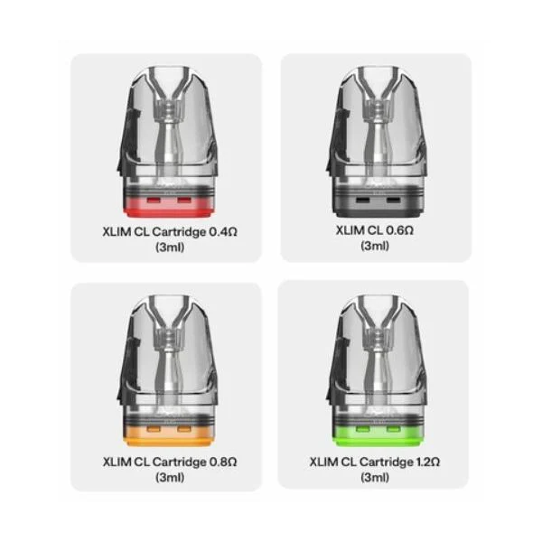 Übersicht der OXVA Xlim CL Top Fill Pods 3ml mit den Widerständen 0,4 Ohm, 0,6 Ohm, 0,8 Ohm und 1,2 Ohm