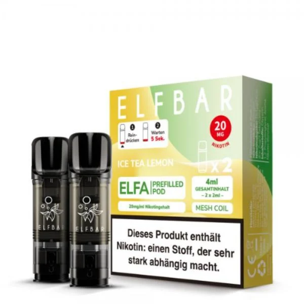 ElfBar ELFA Pods Ice Tea Lemon Verpackung mit zwei Prefilled Pods und 20 mg Nikotin