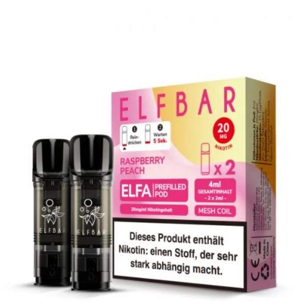 ElfBar ELFA Pods Raspberry Peach Verpackung mit zwei vorbefüllten Pods und 20 mg Nikotin