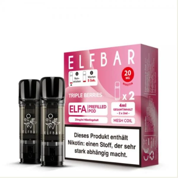 ElfBar ELFA Pods Triple Berries Verpackung mit zwei vorbefüllten Pods und 20 mg Nikotin
