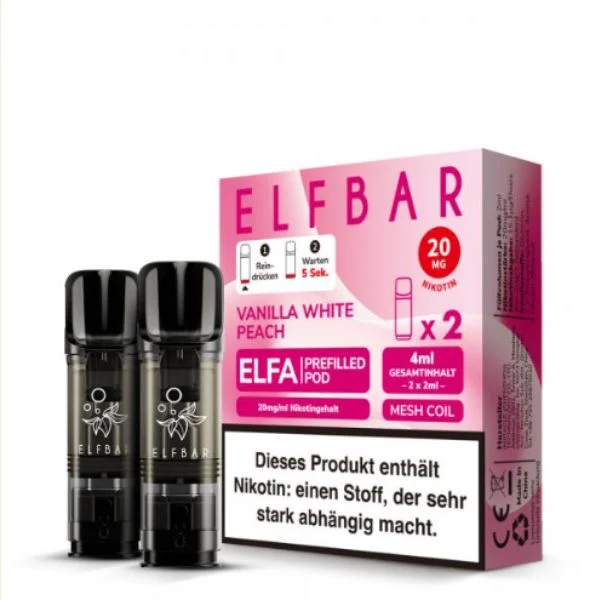 ElfBar ELFA Pods Vanilla White Peach Verpackung mit zwei Prefilled Pods und 20 mg Nikotin